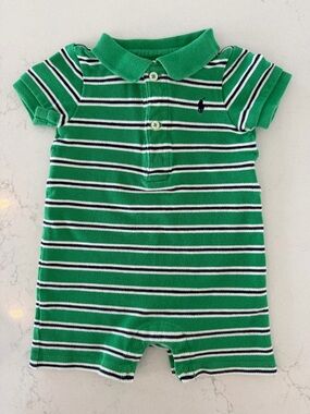 Ralph Lauren Green, White & Navy Striped Polo Romper